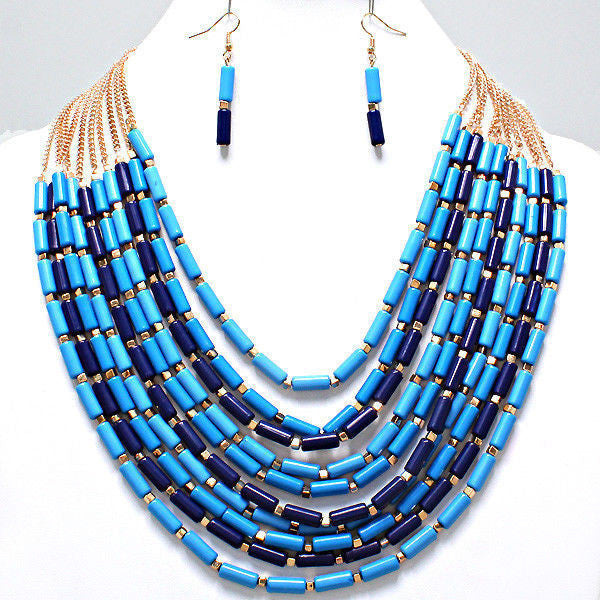 Multi-Color Bamboo Beads W/Gold Draped Bib Necklace & Earring Set Brand New*PWC